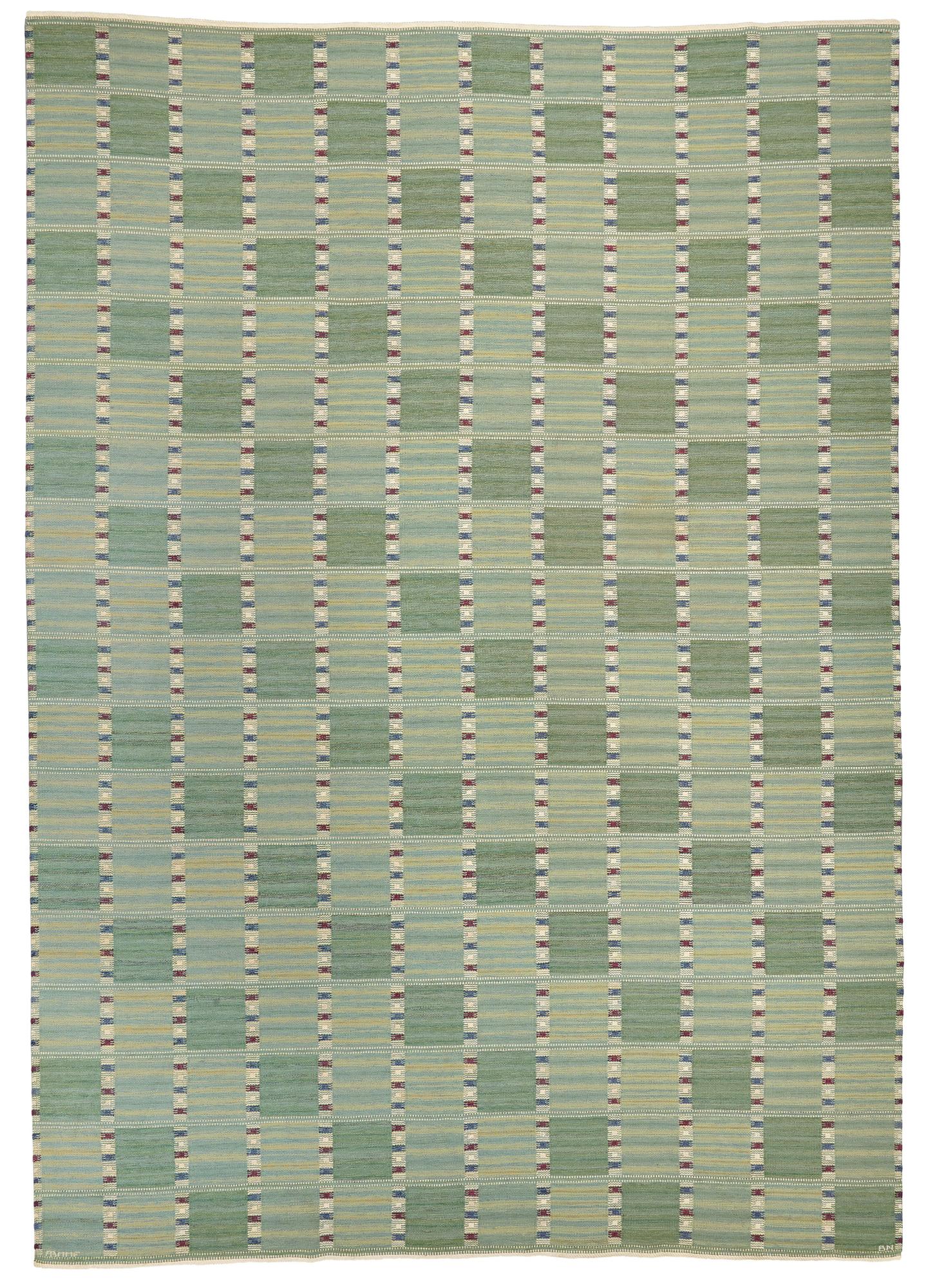Barbro Nilsson, MATTA, "Falurutan, grön Fabiola", rölakan, ca 468 x 326 cm, signerad AB MMF BN.