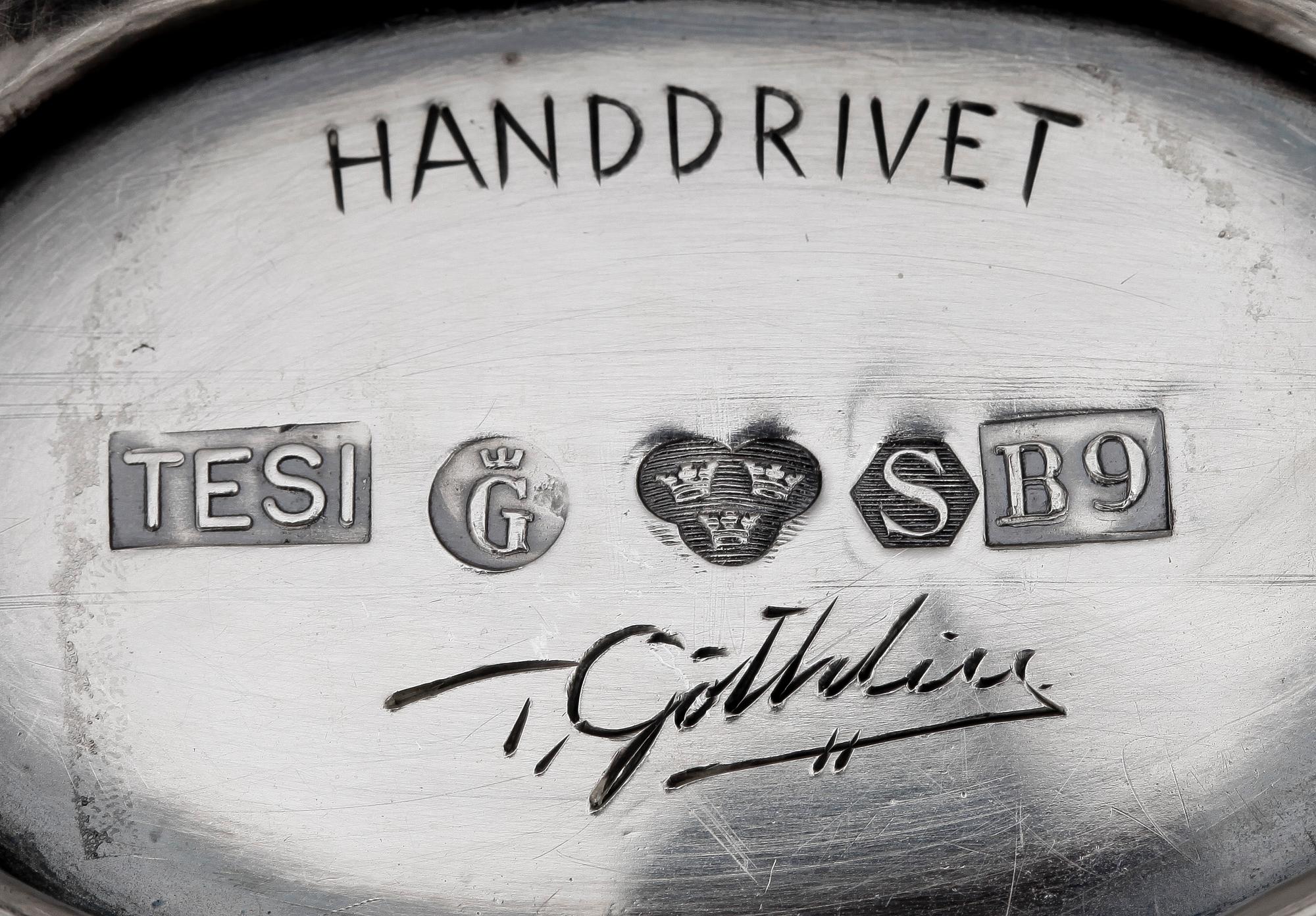 KAFFESERVIS, 3 delar, silver, rokokostil, TESI Göteborg 1952. Tot vikt ca 1245 gram.
