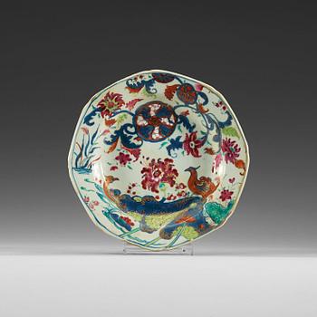 Three famille rose 'tobacco leaf' soup dishes, Qing dynasty, Qianlong (1736-95).