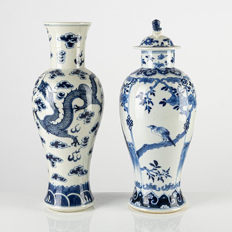 A blue and white porcelain urn and vase, China, 20th century.