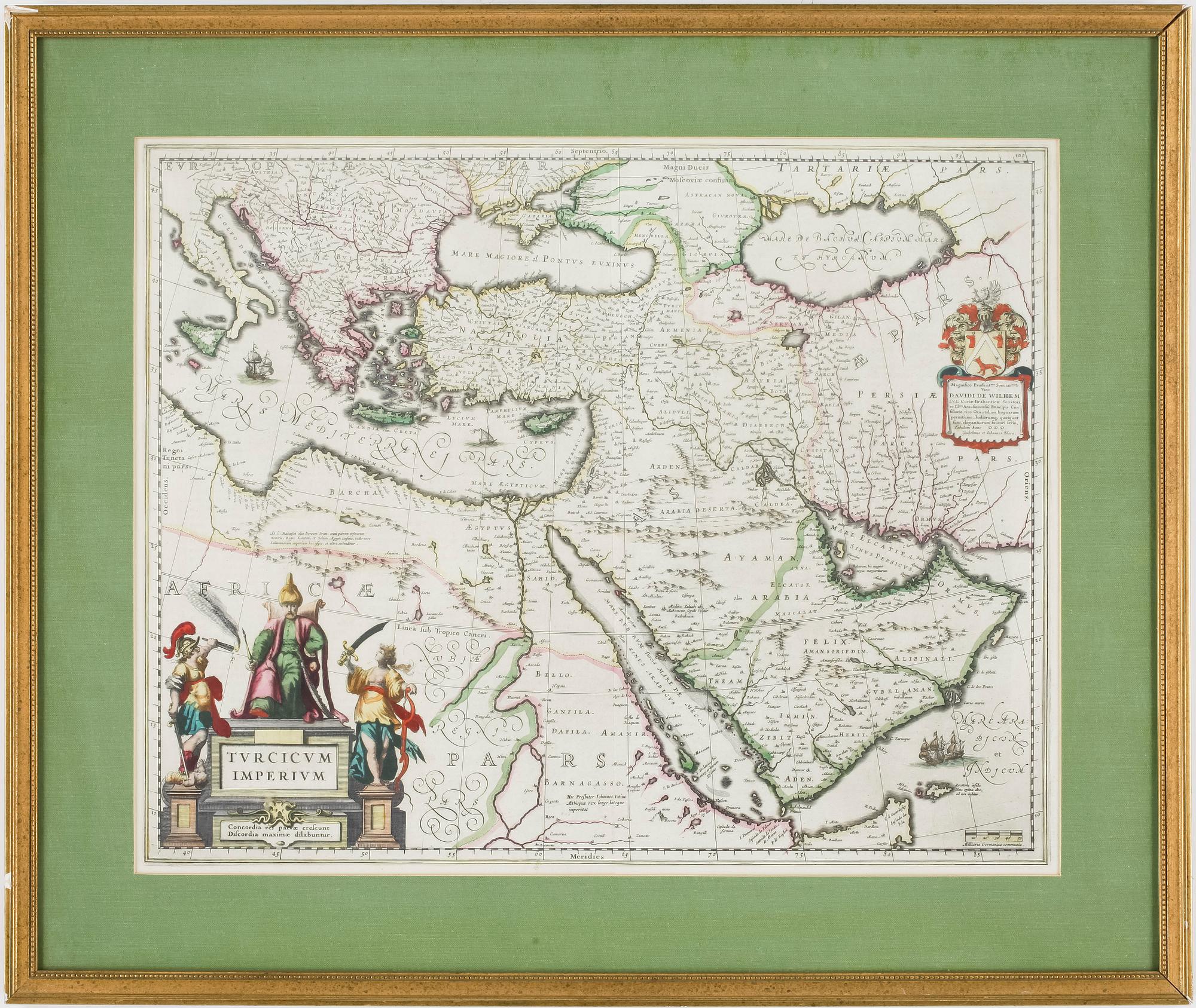 KARTA, handkolorerad etsning, "Turcicum Imperium", Johannes Bleau, ca 1639-1649.