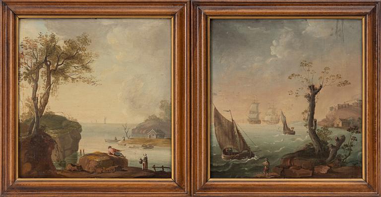 Unknown artist, circa 1800, Coastal landscape with figures, a pair.