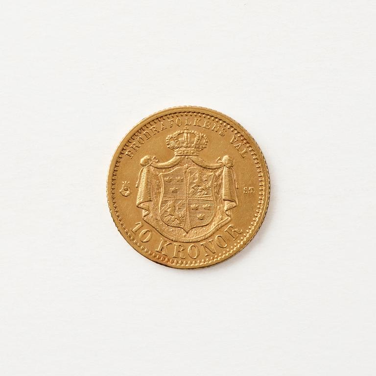 Gold coin, Oscar II, Sweden, 10 kronor, 1874.