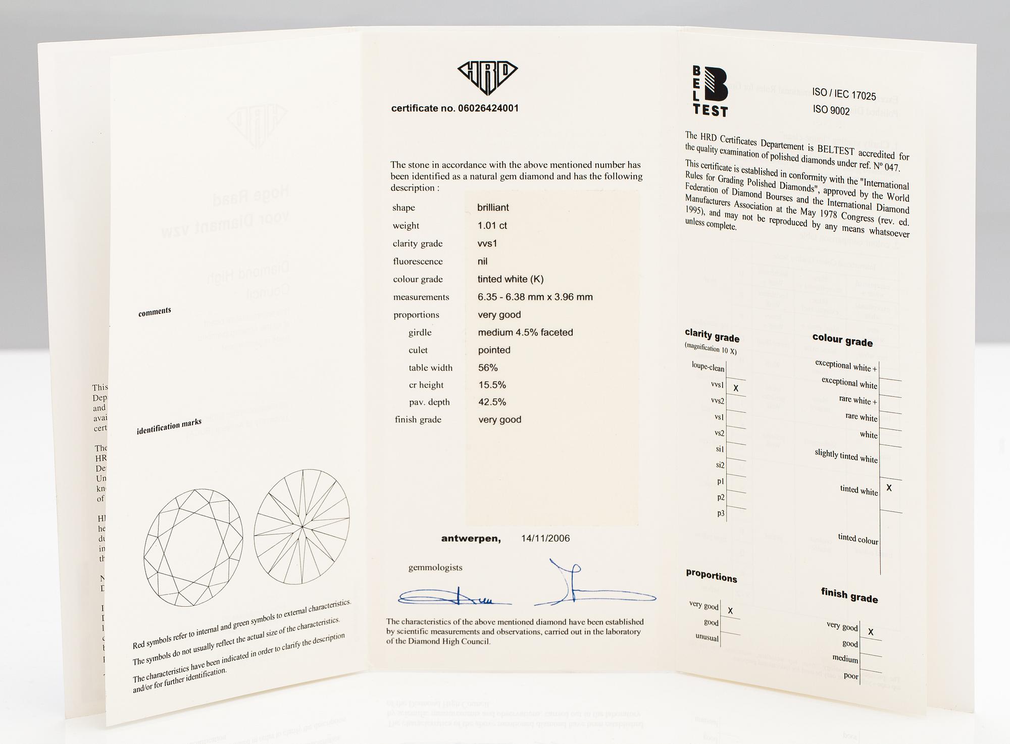 An 18K white gold ring with a ca. 1.01 ct diamond according to certificate.
