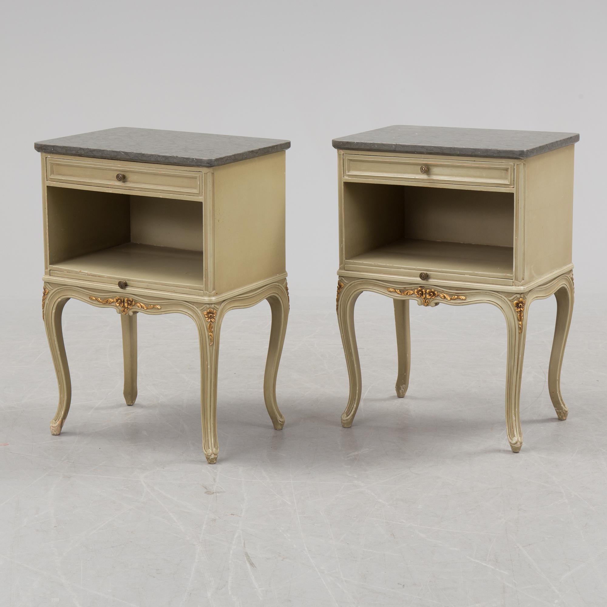 A mid 20th century Rococo style dressing table, a pair of bedside tables and one stool.