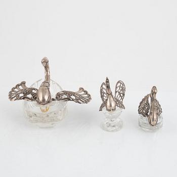 Salt cellar/table accessory, silver and glass, three pieces, mid-20th century.