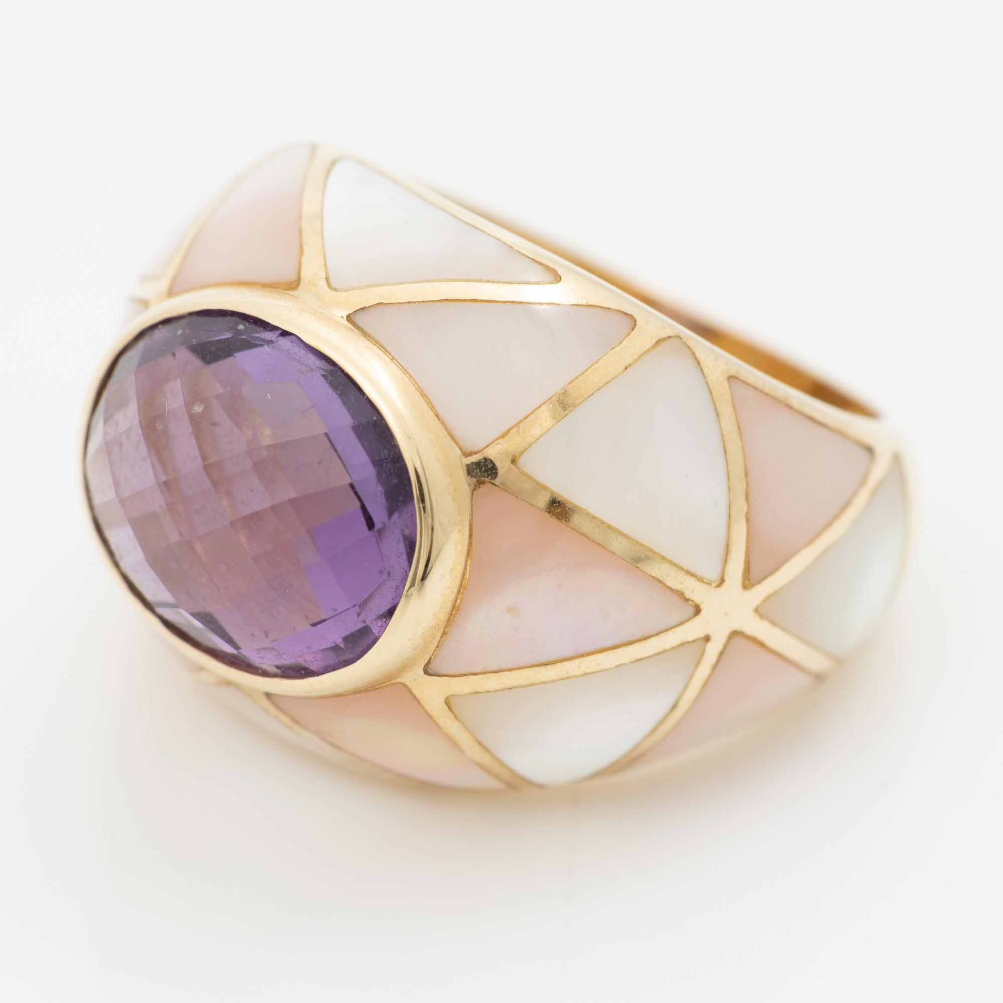 14K gold ring with mother-of-pearl and an oval checker-cut amethyst.