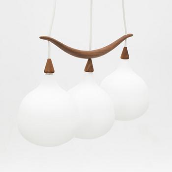 Uno & Östen Kristiansson, a 'Bananen' teak and glass three-light ceiling lamp, Luxus, Vittsjö.