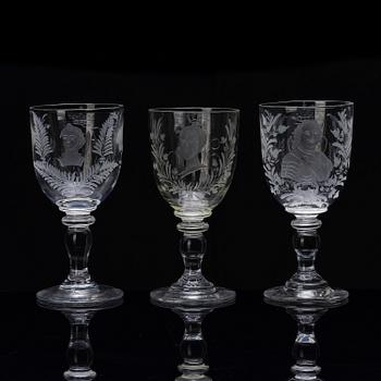 A set of three commemorative Russian glasses, late 19th century.