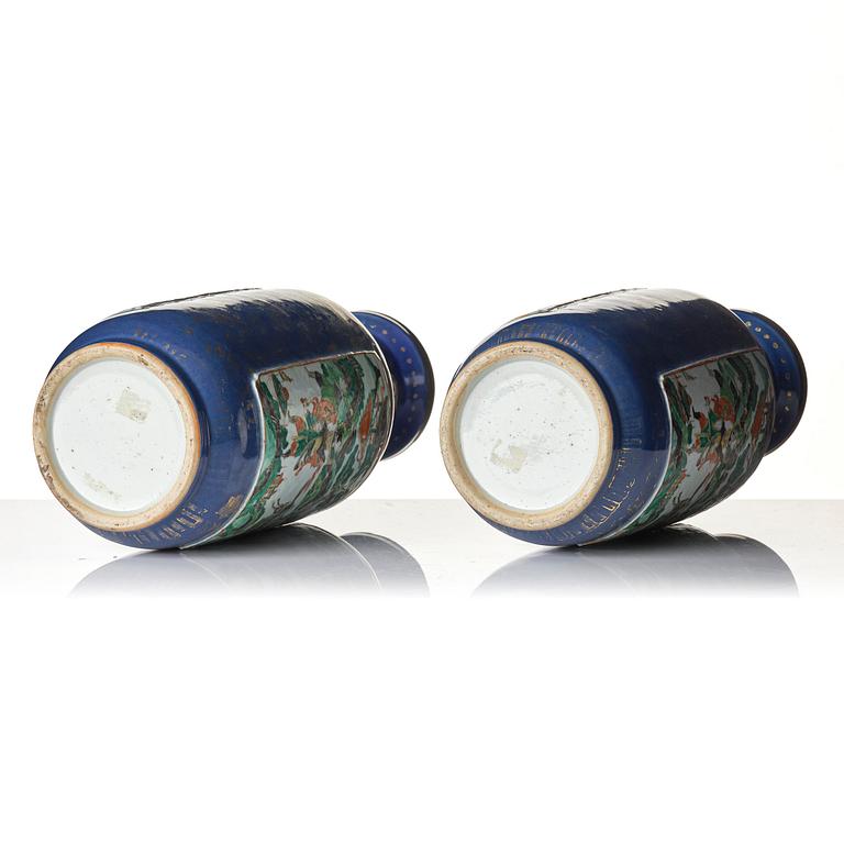 A pair of famille verte and powder blue 'roleau' vases, late Qing dynasty.