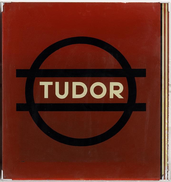 Three handpainted glass advertising signs, 'Tudor', Södermalms skyltfabrik, 1940's.