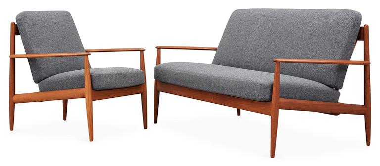 A Grete Jalk sofa and easy chair by France & Son, Denmark.