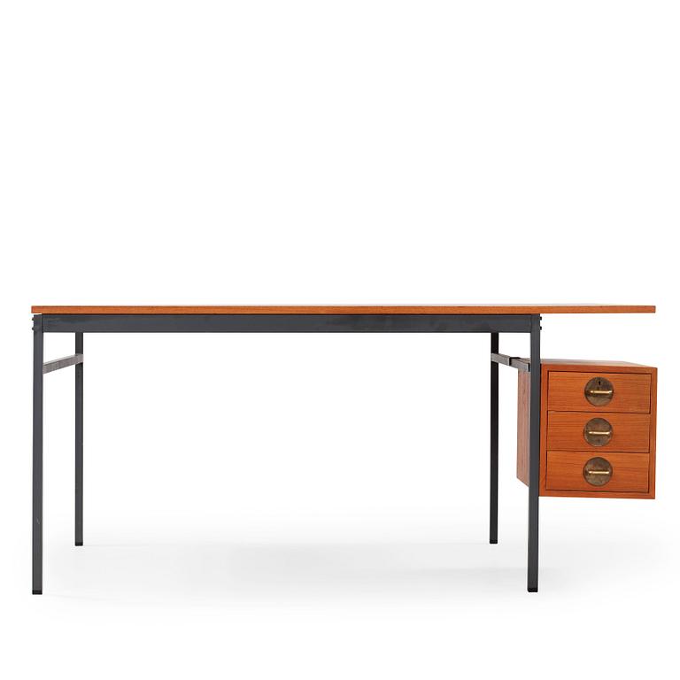 An Erik Herløv 'Triva' series teak and grey lacquered steel desk, Nordiska Kompaniet, Sweden 1960's.