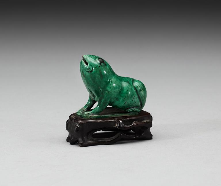 A green glazed biscuit water dropper, in the shape of a frog, Qing dynasty, Kangxi (1662-1722).