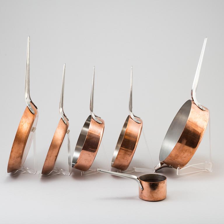 HENNING KOPPEL, 6 copper pots fryingpans and saucepans.