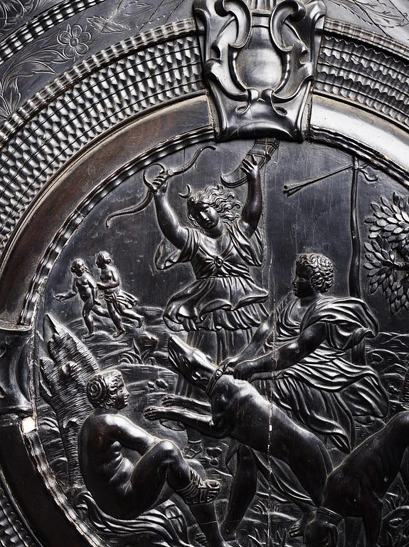 A Louis XIV and Louis XIV-style carved ebony, ivory and tortoiseshell-inlaid cabinet on stand, 17th and 19th century.