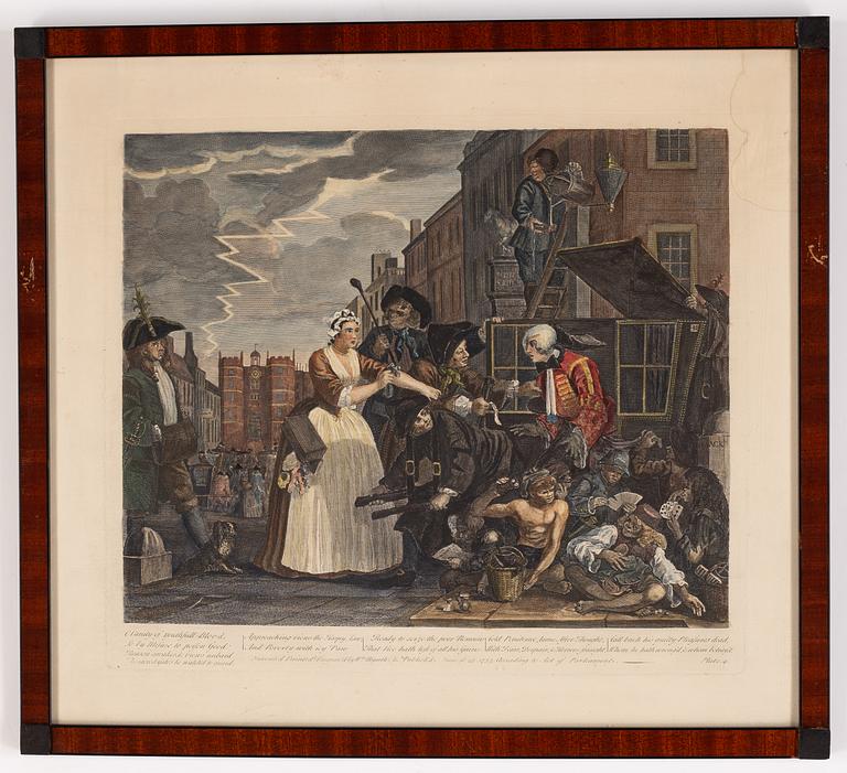 William Hogarth, efter, åtta stycken kolorerade etsningar och gravyrer.