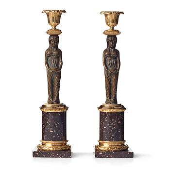 A pair of late Gustavian circa 1800 porphyry and gilt and patinated bronze candlesticks.