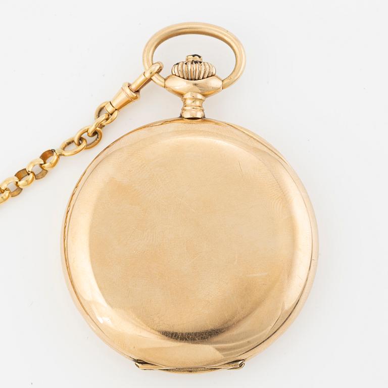 Longines, fickur, 14K guld, savonett, kedja i 18K guld, 51 mm.