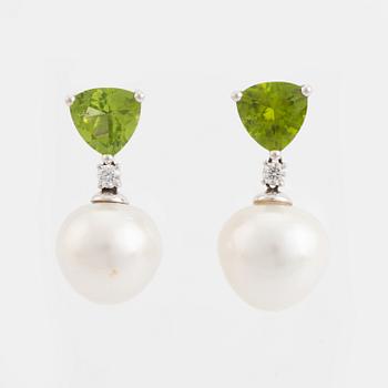 South sea pearl, peridot and brilliant cut diamond earrings.
