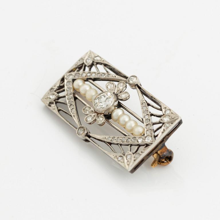 Old cut and rose cut diamond and pearl brooch.