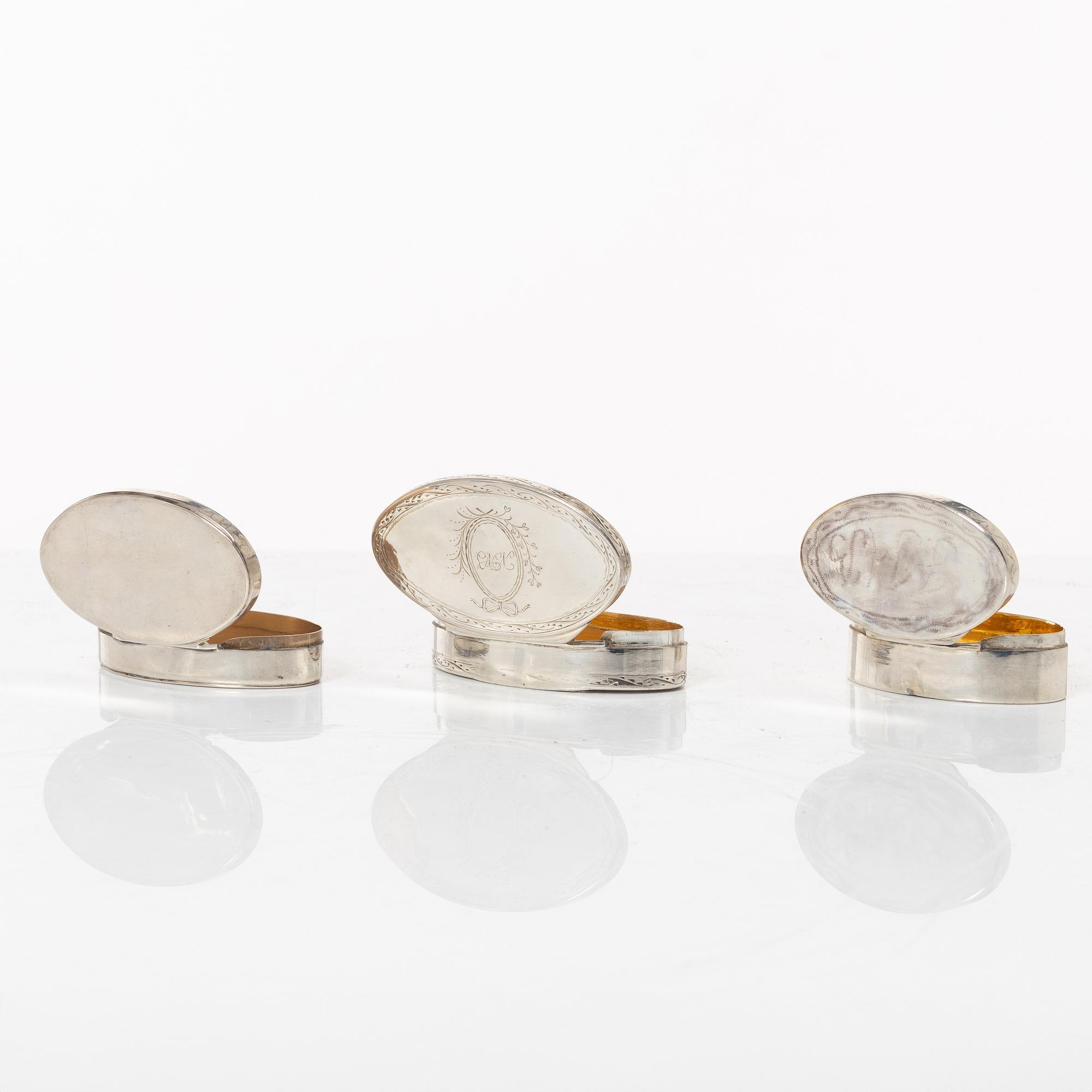 Five Swedish silver boxes, 18th-19th Century.