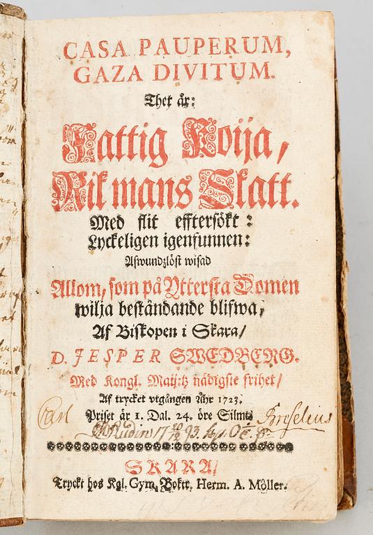 BOK, "Thet är Fattig Koija, Rik mans Skatt..." av Jesper Swedberg, Skara 1723.