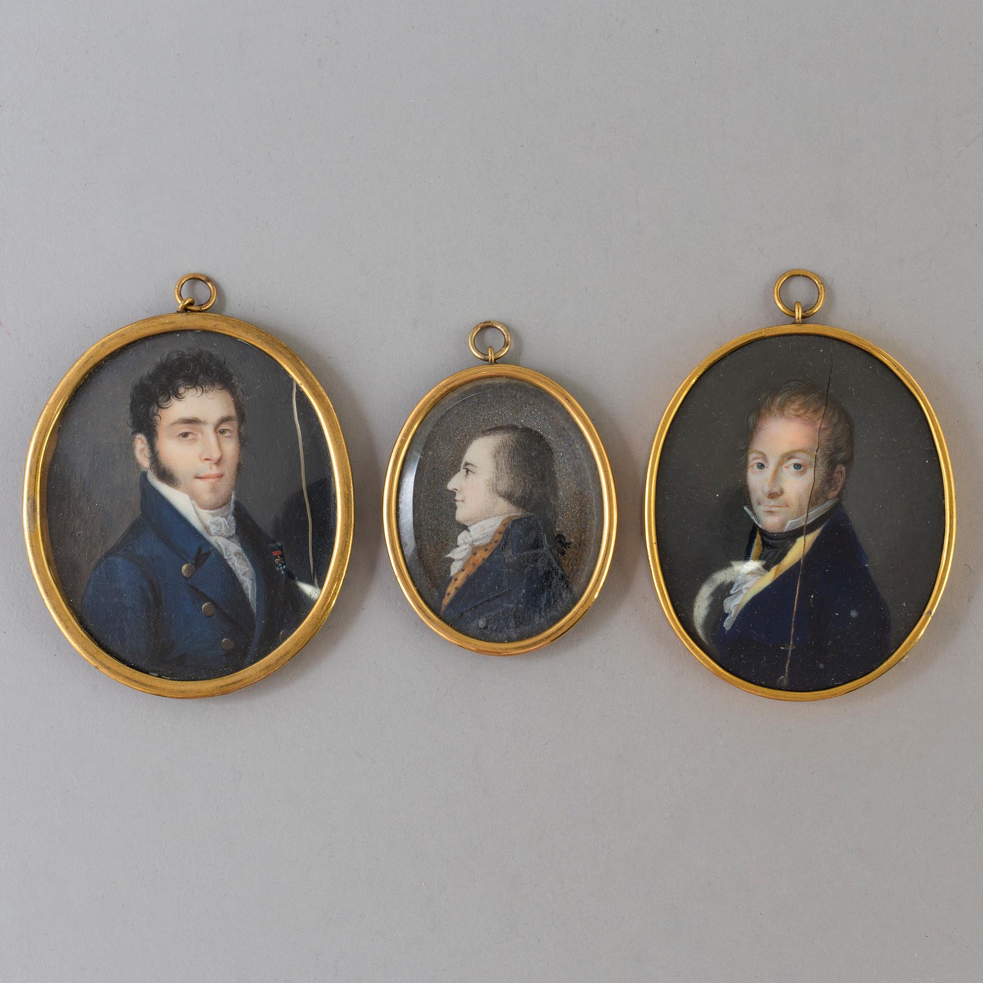 Three miniature paintings, portraits, early 19th century.