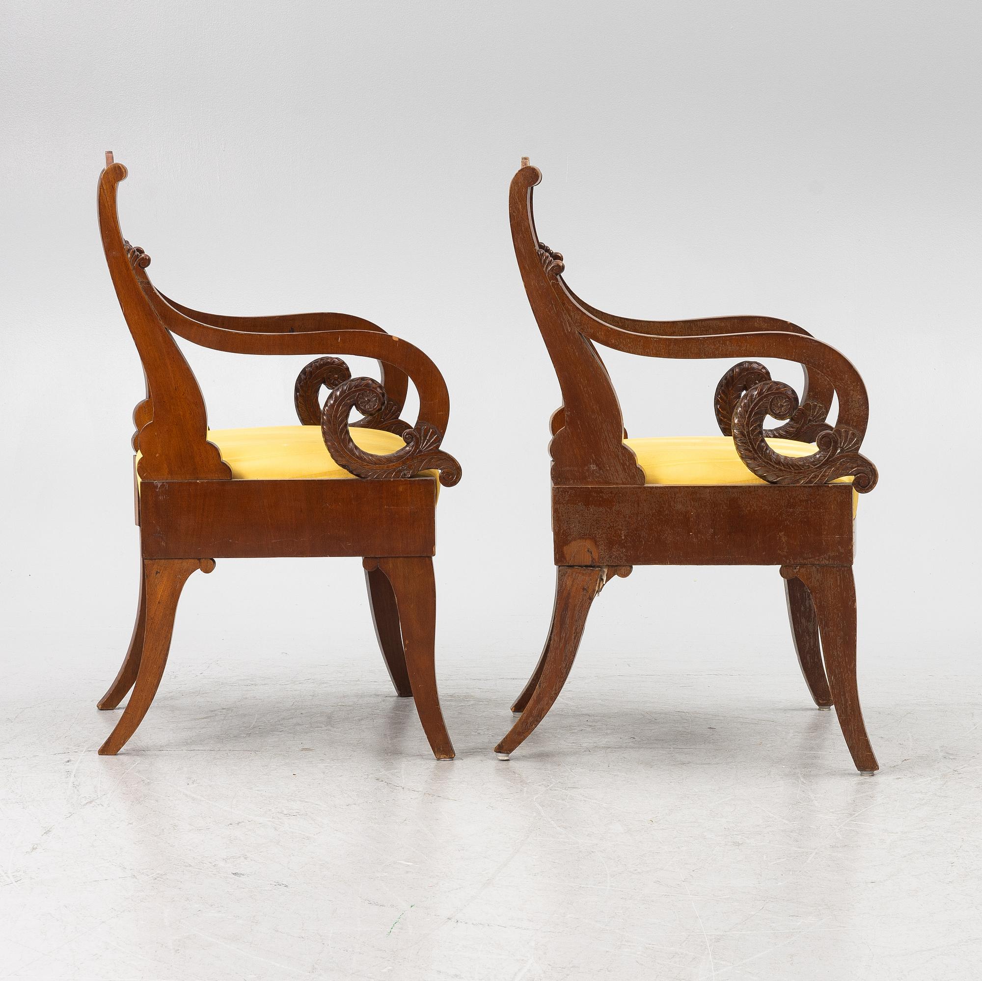 A pair of Russian/Baltic Empire mahogany armchairs, 1830's/40's.