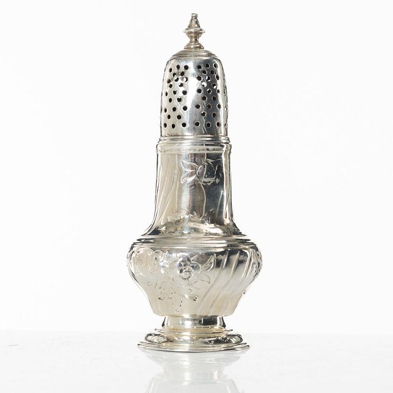 An English Rococo silver caster, mark of Samuel Smith III, London 1754.
