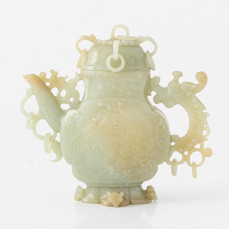 A Chinese nefrit tea pot with cover, late 20th Century.