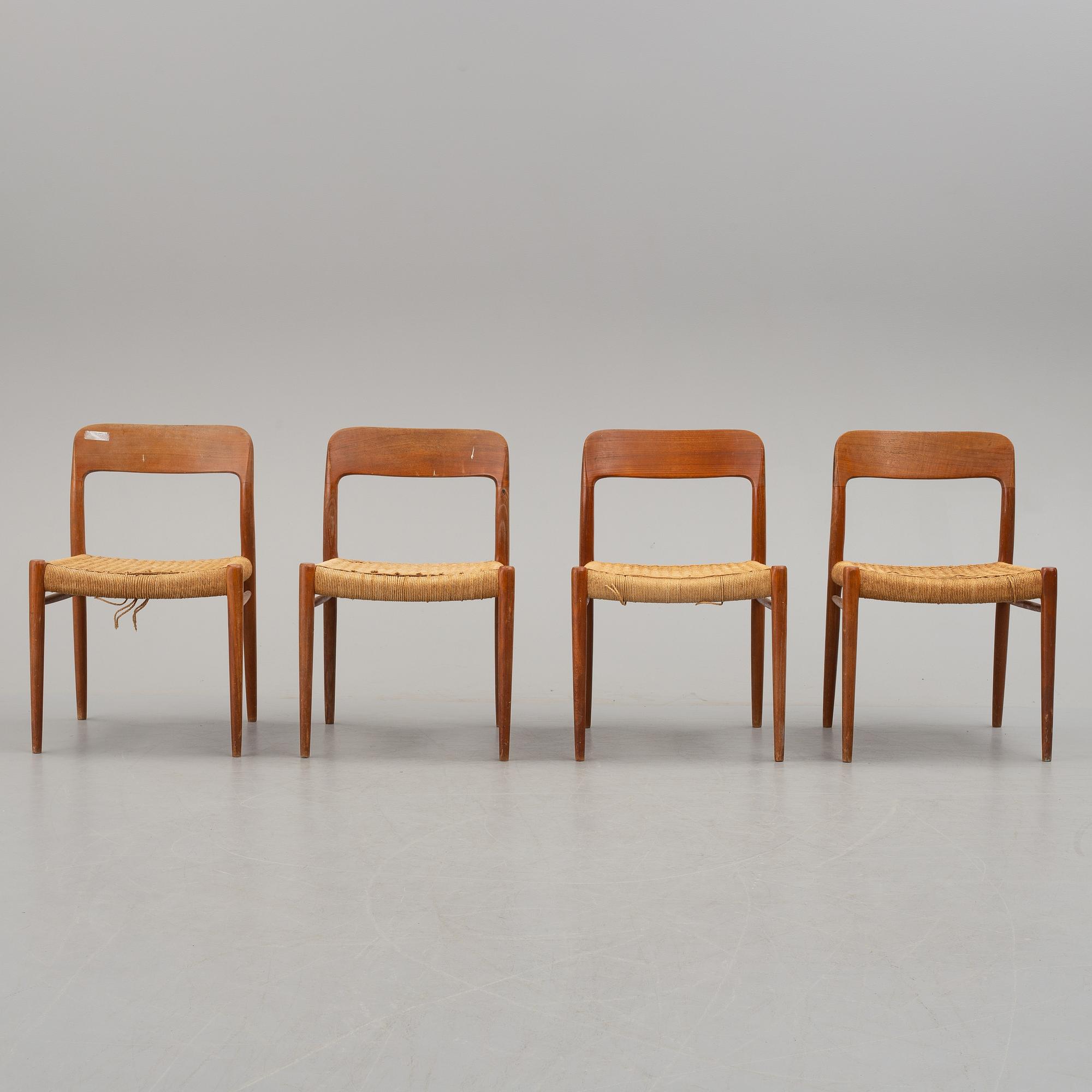 A set of four Niels Ole Møller teak chairs, JL Møller, Højberg, Denmark 1950's-60's.