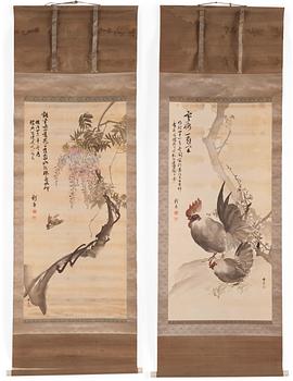 890. Two Japanese scroll paintings, ink and colour on paper, early 20th Century. Collaboration between two artists.