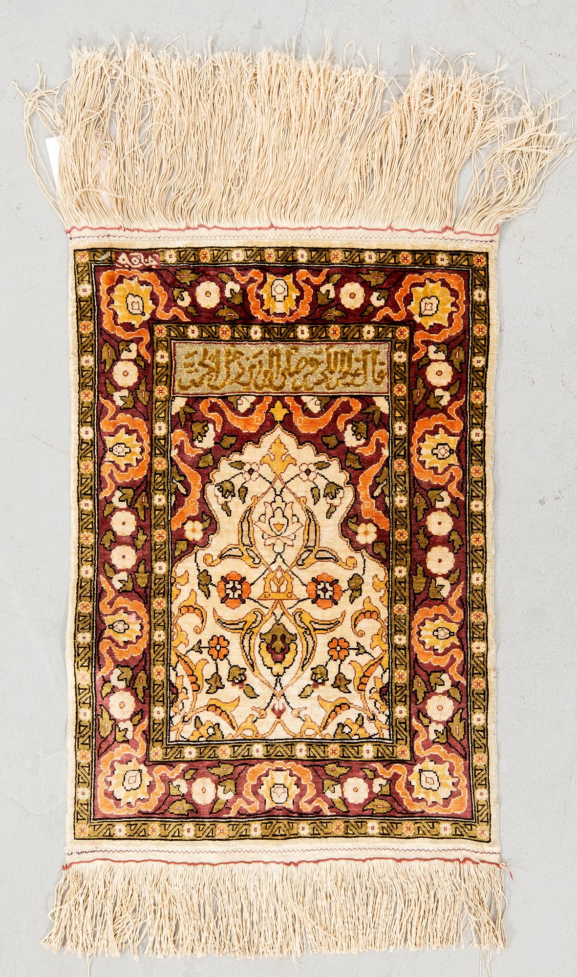 Rug Hereke semi-antique silk with metallic thread approximately 54x38 cm.