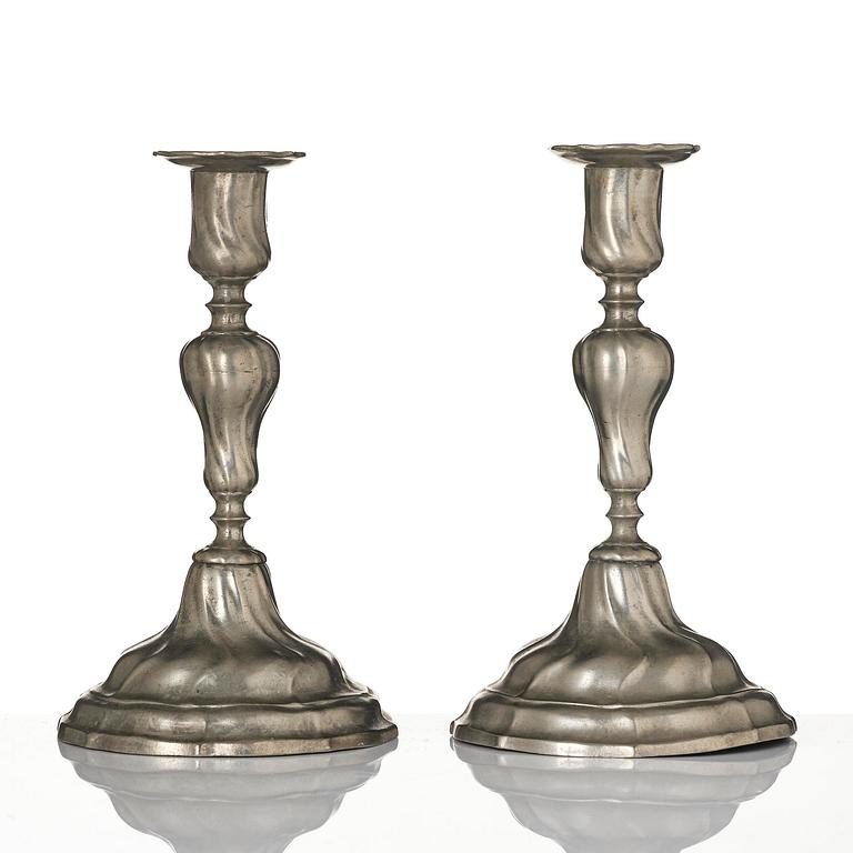 A pair of rococo pewter candlesticks, mark of Johan Bruhn, Västervik 1782.