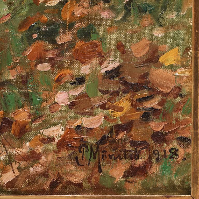 Peder Mork Mönsted, Autumn day in the forest, red deer by a lake.