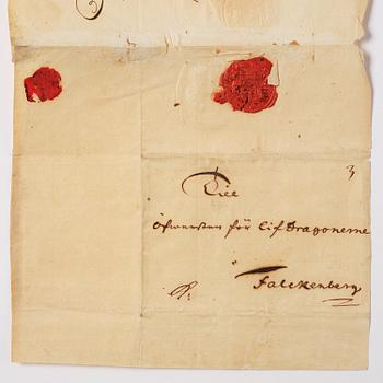 Karl XII, handwritten letter presumably to Colonel Henrik Falkenberg of Bålby, dated Lund 3 Jan 1718.