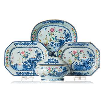 994. A famille rose tureen with cover and stand and two dishes, Qing dynasty, Qianlong (1736-95).