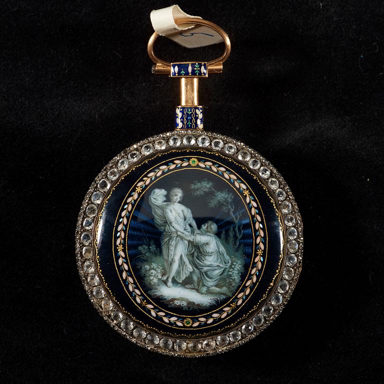 FICKUR, guld, emalj, pärlor samt pastestenar, märkt: "Breguet, Paris", sannolikt 1700-talets slut.