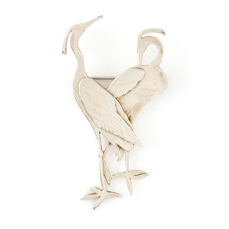 Wiwen Nilsson, brosch, silver, i form av ett par fåglar, Lund 1954.