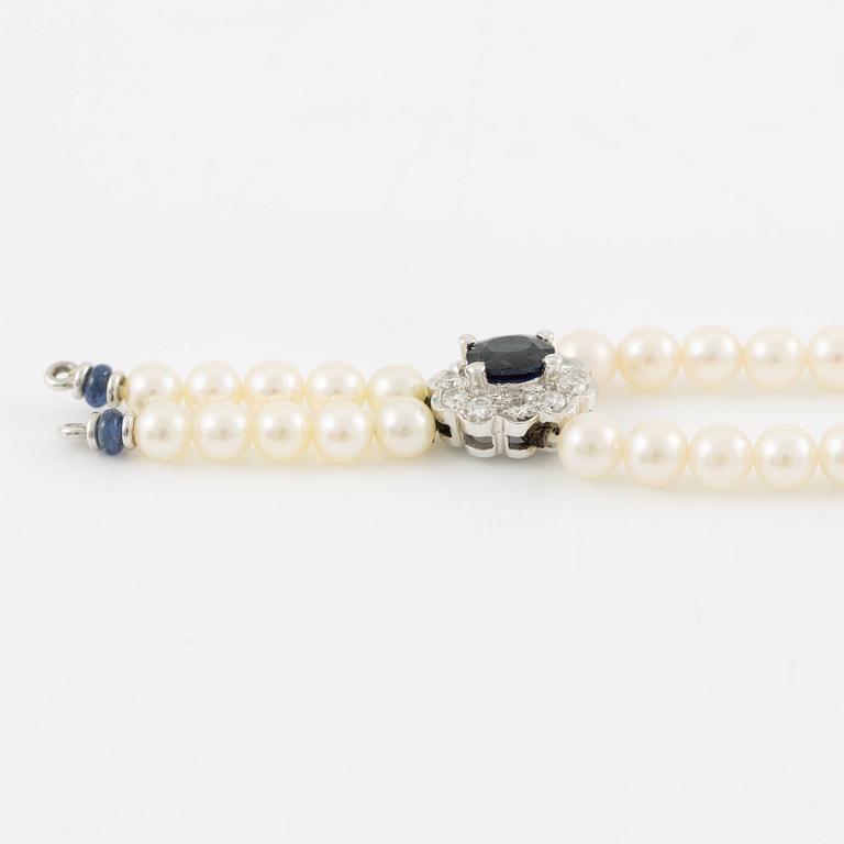 Necklace, 18K white gold with cultured pearls, sapphires, and brilliant-cut diamonds.