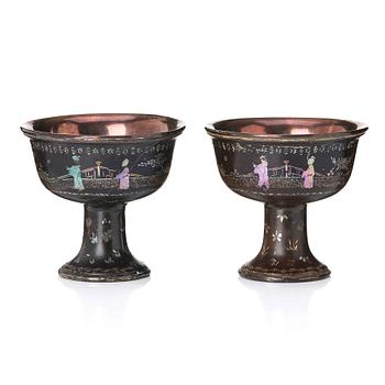968. A pair of laque burgaute stem cups, Qing dynasty,