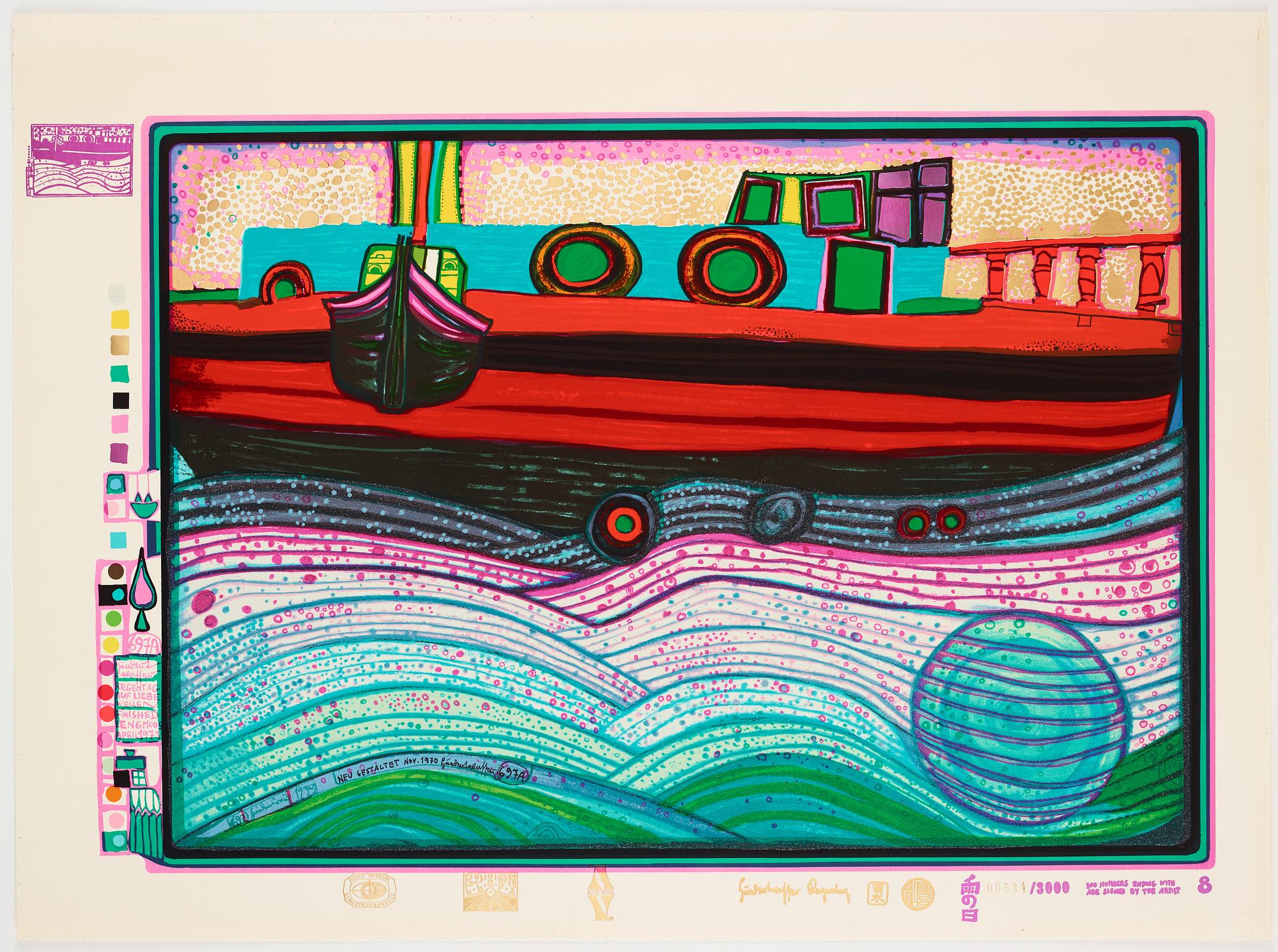 Friedensreich Hundertwasser, kompletta portfölj om 10 färgserigrafier med metallprägling.