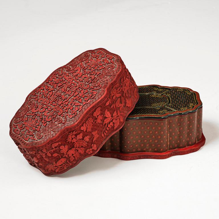 A fine carved lacquer box and cover with tianqi lacquer inset boxes and covers, Qing dynasty, Qianlong (1736-95).