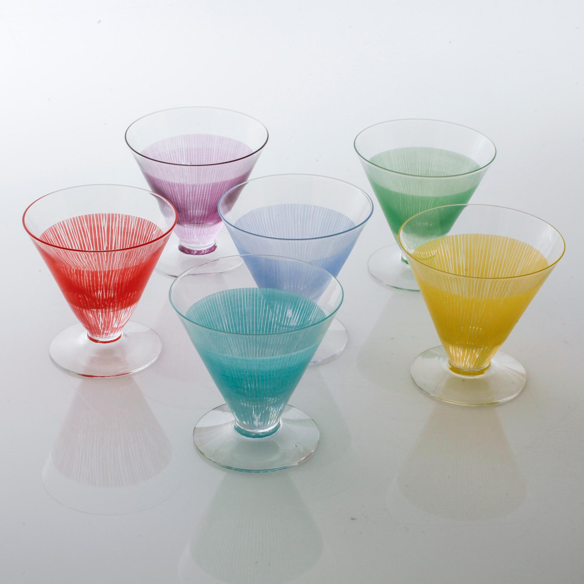 BENGT ORUP, 6 st, cocktailglas, "Stripe", Johansfors, 1950-tal.