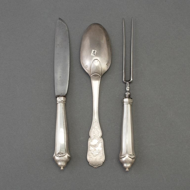 A German silver three-piece (2+1) travel cutlery, Schweinfurt mid 18th century.