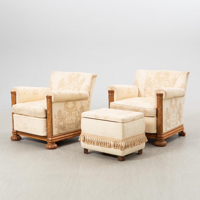 Armchairs, a pair, and footstool, Baroque style, 1940s.