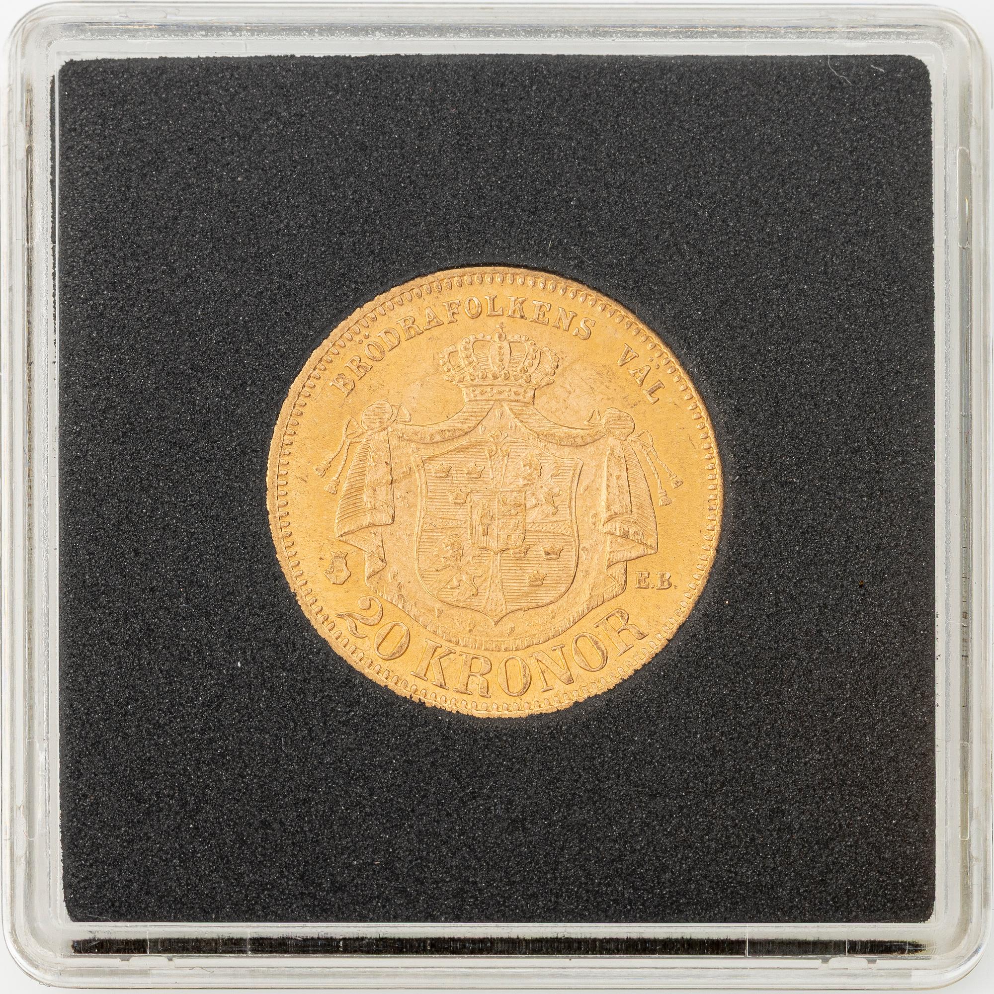 Gold coin, Oscar II, 20 kr, type II, Sweden 1877.