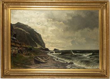 Edvard Bergh, Coastal Landscape with a Fishing Family by a Cottage.