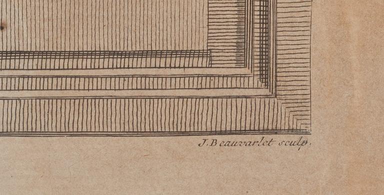JEAN-BAPTISTE OUDRY, efter, gravyr, graverad av J Beauvarlet. 1700-talets andra hälft.